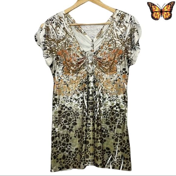 One World Double V Petal Sleeve Abstract Top Size Medium - Picture 1 of 9